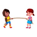 Preteen Schoolgirls Pulling Rope Sport Game Vector