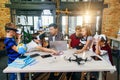 Preteen students using augmented reality for studying in modern smart school. Group of pupils with VR headsets during a Royalty Free Stock Photo