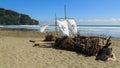 Quirky beach art: a sailing ship made out of driftwood