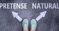 Pretense and natural as different choices in life - pictured as words Pretense, natural on a road to symbolize making decision and