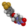 Pretomanid tuberculosis drug molecule. 3D rendering. Atoms are represented as spheres with conventional color coding: hydrogen