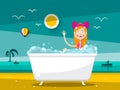 Prett Woman in Bathtub on Sand Beach with Ocean Landscape Royalty Free Stock Photo