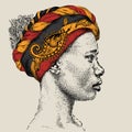 Pretty African American Girl in turban with Paisley. Beautiful black woman. Profile view. Hand draw vector illustration Royalty Free Stock Photo