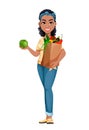 Pretty African American housewife holding paper bag with food.