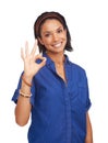 You did amazingly well. A pretty african-american woman giving you the a-okay sign while isolated on white.