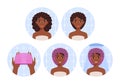 Pretty Afro Woman puts a Shower Cap on Head in Bathroom. Steps. Black Young Lady with Curly Hair. Water Protection. Color Cartoon