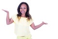 Pretty american african woman presenting empty blank palm in white background