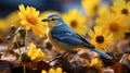 pretty american gold finch bird with sunflowers