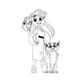 A pretty and amusing girl enjoys being around animals and taking care of them. Childrens coloring page.