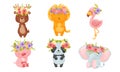 Pretty Animals with Floral Wreaths on Their Heads Sitting and Standing Vector Set