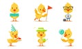 Pretty Animated Chickens In Different Actions Vector Illustration Set Cartoon Character