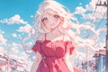 Pretty anime girl with blonde hair and big blue eyes. Young woman in red dress standing in city with power lines and Royalty Free Stock Photo