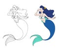 Pretty anime mermaid using a V sign. Blue hair and blue fish tail.