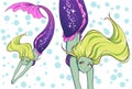Pretty anime swimming mermaid. Blonde hair, green skin and shiny purple fish tail