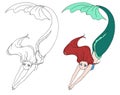 Pretty anime swimming mermaid. Red hair and green fish tail