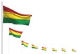 Pretty anthem day flag 3d illustration - Bolivia isolated flags placed diagonal, photo with selective focus and space for your