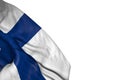 Pretty Finland flag with big folds lying flat in bottom left corner isolated on white - any feast flag 3d illustration