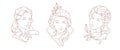 Pretty antique lady bust monochrome lineart logo set vector illustration. Medieval elegant woman