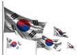 Pretty five flags of Republic of Korea South Korea are wave isolated on white - picture with selective focus - any feast flag 3d