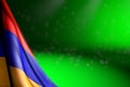 Pretty any holiday flag 3d illustration - picture of Armenia flag hanging diagonal on green with bokeh and empty place for your