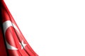 Pretty any occasion flag 3d illustration - isolated picture of Turkey flag hanging in corner - mockup on white with place for