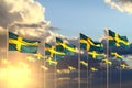 Pretty any occasion flag 3d illustration - many Sweden flags on sunset placed in row with bokeh and space for content