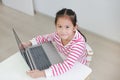 Pretty asian little child girl sitting at desk and using laptop computer stay at home Royalty Free Stock Photo