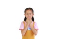 Pretty Asian little girl kid covering her mouth with a hands isolated over white background Royalty Free Stock Photo