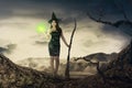 Pretty asian witch woman with magic broom emit light