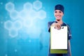 Pretty asian woman doctor showing blank clipboard for copyspace Royalty Free Stock Photo