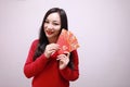 Chinese girl holding red packets Woman hold with lucky money