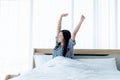 Asian woman, 23 year old, waking up With freshness and happiness Because she got a good night`s sleep