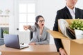 Business manager shouting blame employee girl