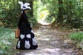 Girl in retro dress 18th century with valise in park Royalty Free Stock Photo