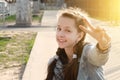 pretty attractive young girl shows victory sign \