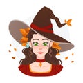 Pretty autumn witch avatar for game or advertising. Halloween magician girl with big hat and yellow leaves. Ancient