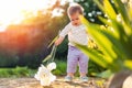 Pretty baby girl holds a white iris flower in her hands, walking at the garden. Sunset sunlight. View through the leaves Royalty Free Stock Photo