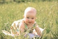 Pretty baby girl on the lawn in the spring day Royalty Free Stock Photo