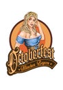 Pretty Bavarian girl. Oktoberfest label ghotic lettering. Ribbon banner.