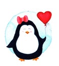 Pretty beautiful penguin for babies and little kids. Watercolor illustration isolated