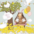 Pretty Bird and Cute Cartoon Bear with the balloons holding two little bunnies. Miss you card design. Hand Drawn Watercolor