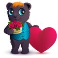 Pretty black bear holds basket bouquet red rose and red heart symbol of love. Gift for Valentines Day Royalty Free Stock Photo