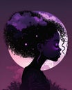 A pretty black girl celebrates her individuality with a smile silhouetted against a backdrop of purple twilight.. AI