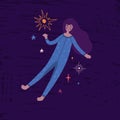 Pretty black girl floating in space. Cute hand-drawn illustration with sleeping woman in pajamas and stars. Cartoon