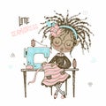 A pretty black seamstress girl sews a dress on a sewing machine. Doodle style. Vector