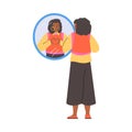 Pretty black woman looking in the mirror and showing heart with hands, vector round mirror with reflection love yourself Royalty Free Stock Photo