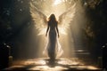 Pretty blond woman angel with white feather glowing wings. Full view, rear view, back view, walking away. Foggy, misty Royalty Free Stock Photo