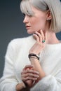 Pretty blond woman in luxury jewelry, lifestyle rich people concept, close up Royalty Free Stock Photo