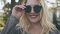 Pretty Blonde Girl Laugh Sunglasses Image Closeup
