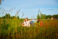 Pretty blonde girl and small boy with bright butterfly wings having fun in meadow or field on natural landscape with Royalty Free Stock Photo